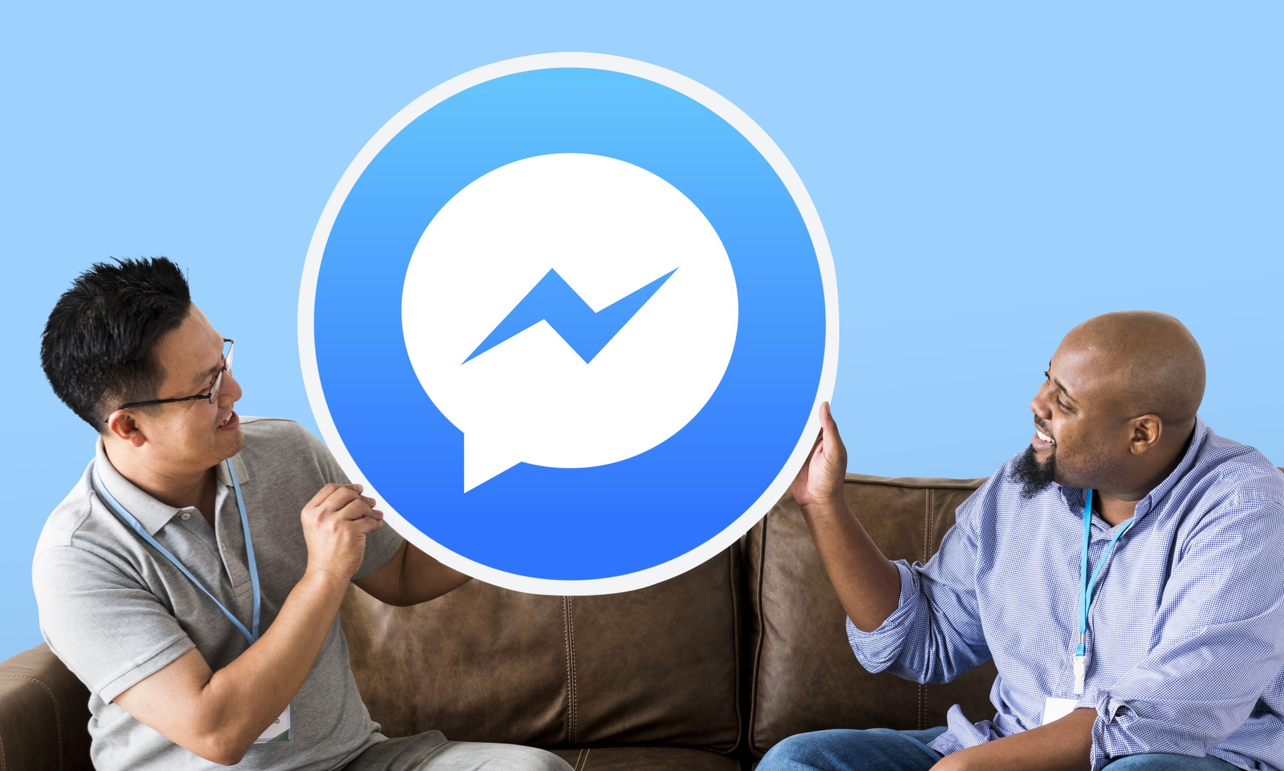 Two men holding the Messenger icon together