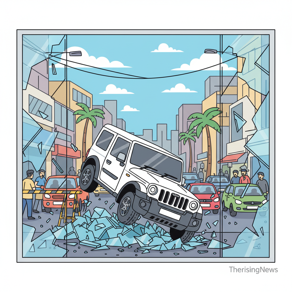 Mahindra Thar Crashes from Showroom in Delhi Accident